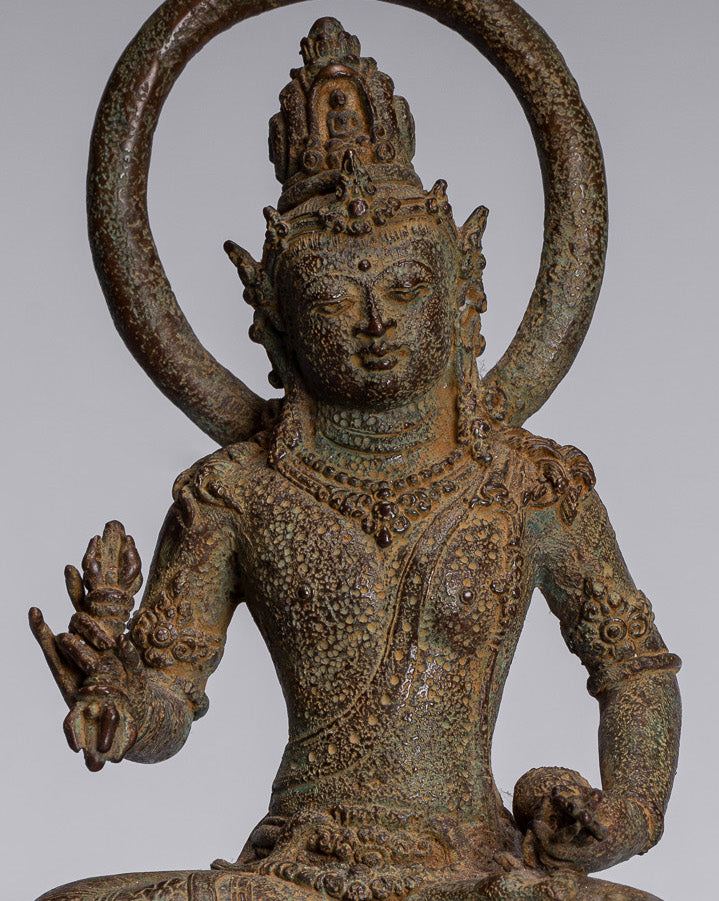 Tara Statue - Antique Java Style Majapahit Seated Bronze Devi Vajra Tara Statue - 25cm/10"