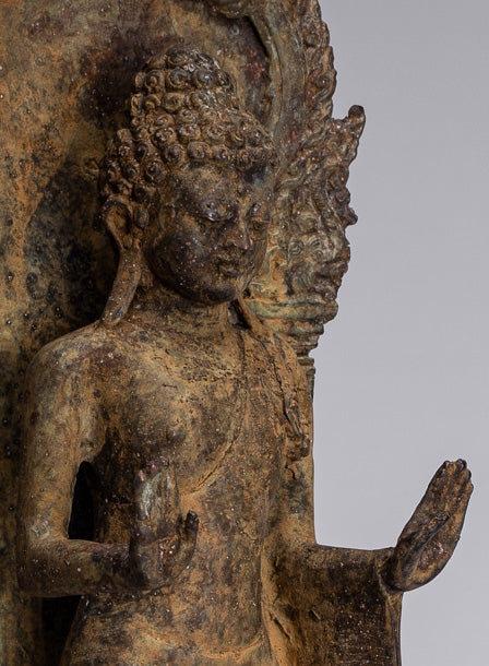 Statue de Bouddha – Bouddha de protection javanais debout en bronze de style indonésien antique – 37 cm/15"