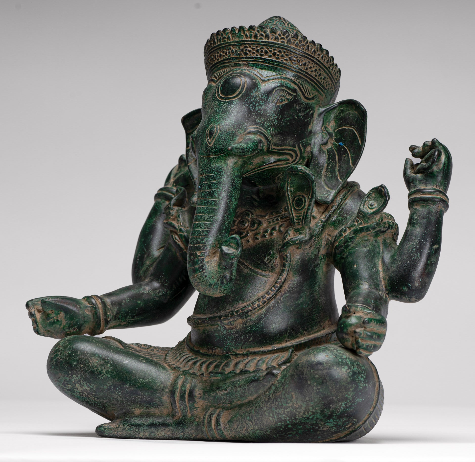 Ganesh Statue - Antique Khmer Style Seated Bronze Ganesha Statue - 29cm/12"