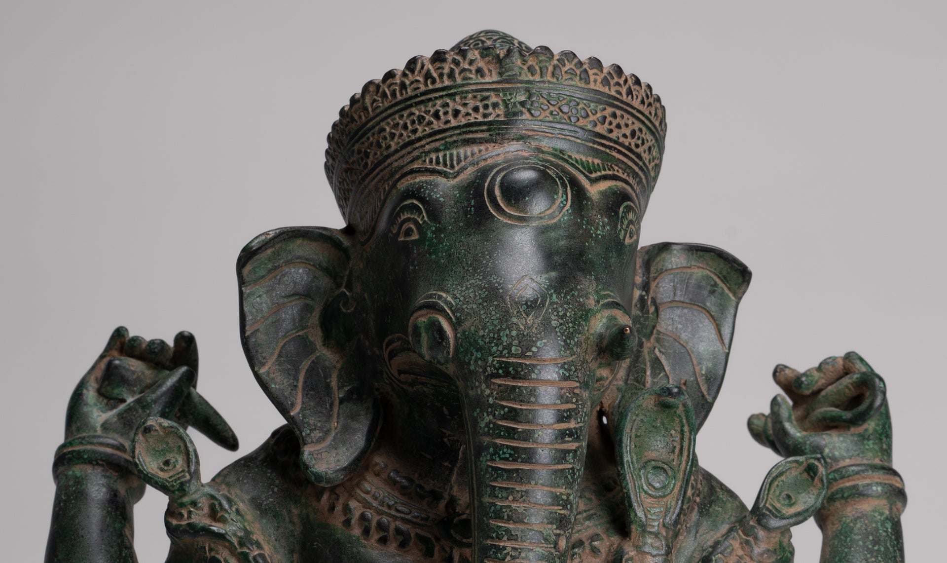 Ganesh Statue - Antique Khmer Style Seated Bronze Ganesha Statue - 29cm/12"