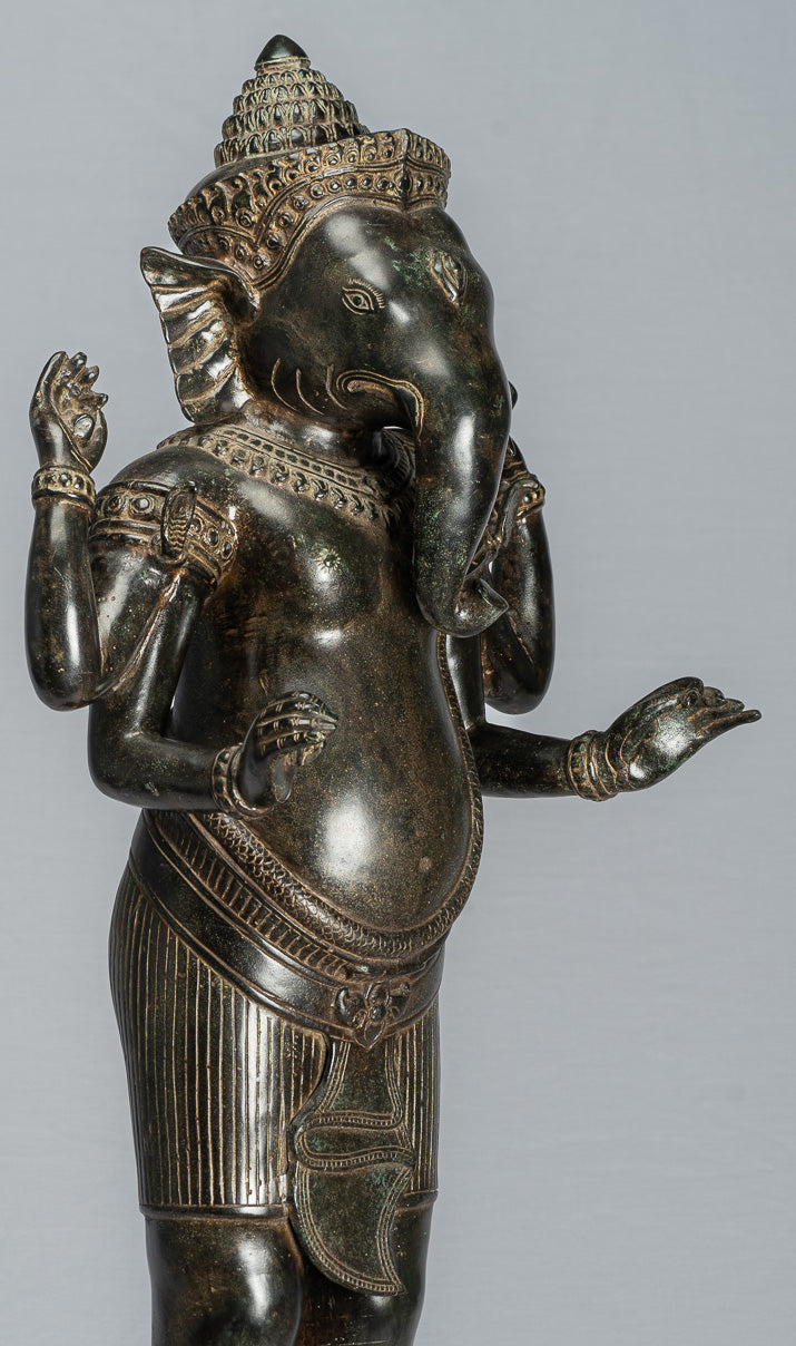 Ganesha Statue - Antique Khmer Style Standing Bronze Angkor Wat Ganesha Statue and Yoni - 88cm/35"