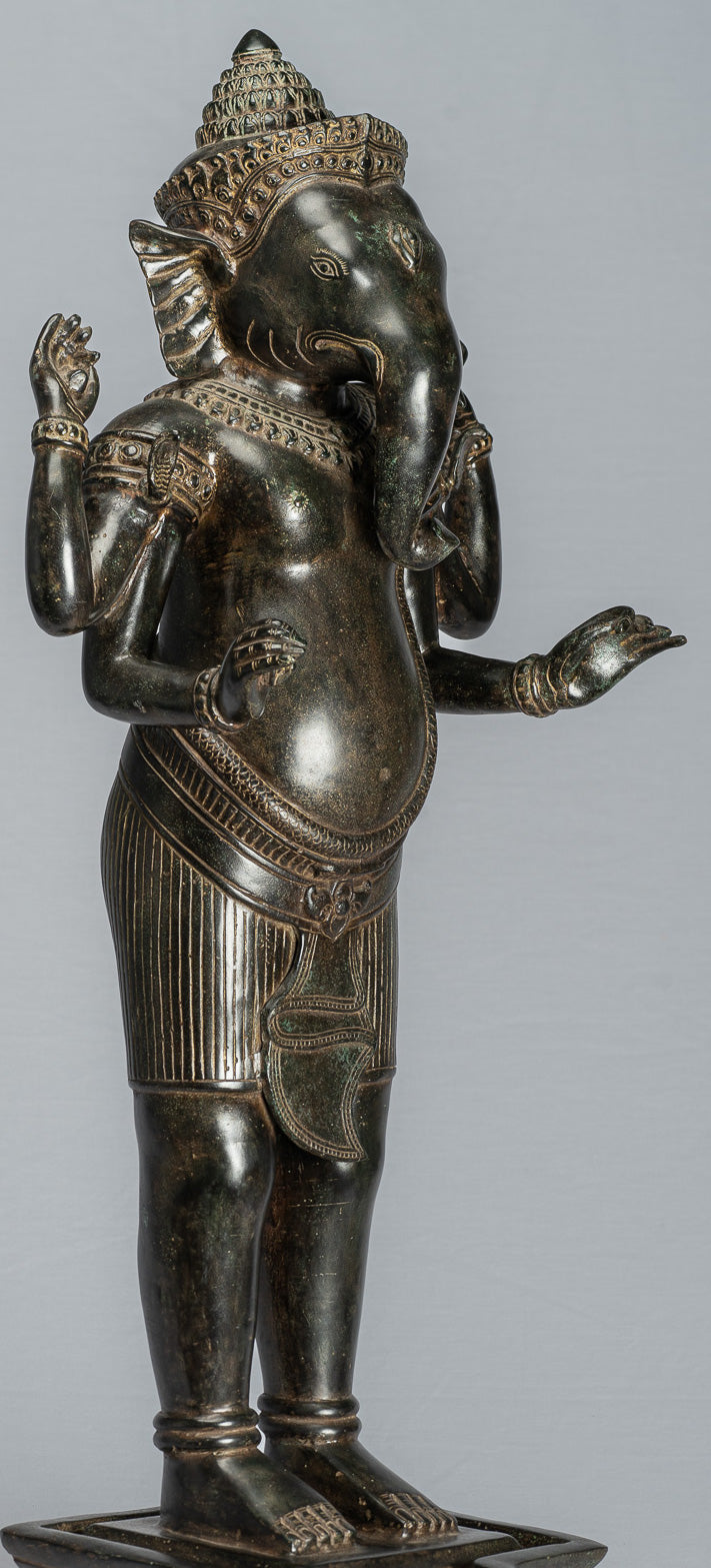 Ganesha Statue - Antique Khmer Style Standing Bronze Angkor Wat Ganesha Statue and Yoni - 88cm/35"