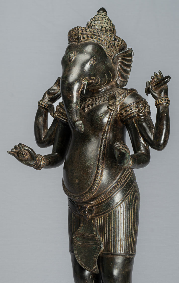 Ganesha Statue - Antique Khmer Style Standing Bronze Angkor Wat Ganesha Statue and Yoni - 88cm/35"