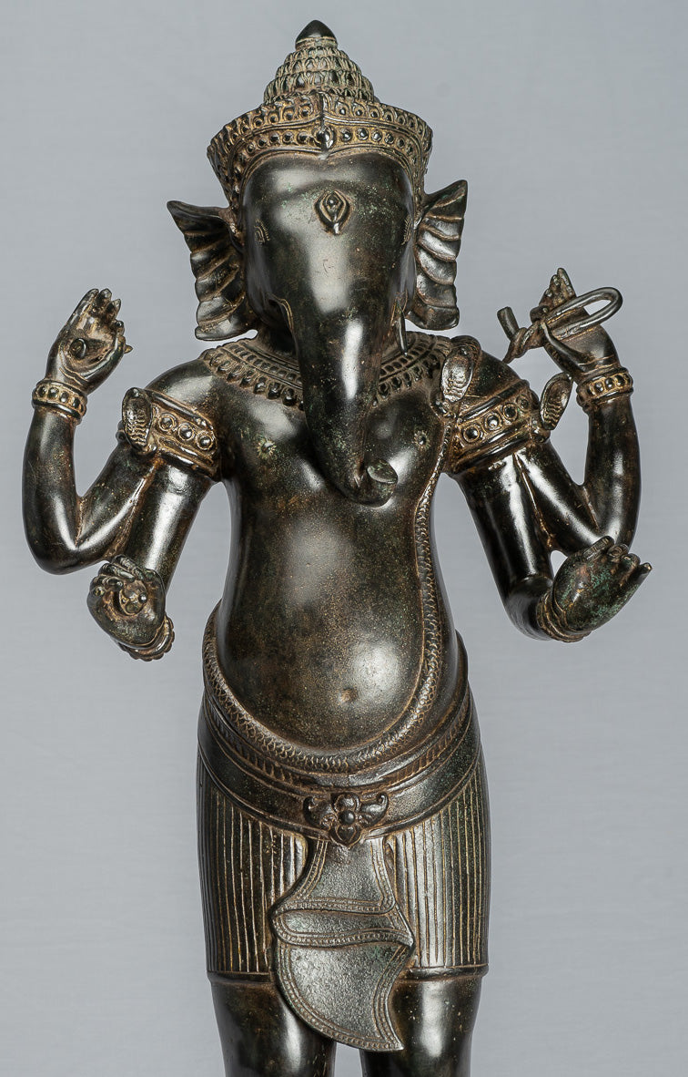 Ganesha Statue - Antique Khmer Style Standing Bronze Angkor Wat Ganesha Statue and Yoni - 88cm/35"