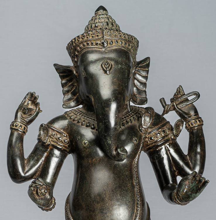 Ganesha Statue - Antique Khmer Style Standing Bronze Angkor Wat Ganesha Statue and Yoni - 88cm/35"