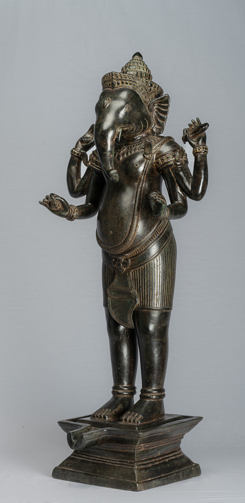 Ganesha Statue - Antique Khmer Style Standing Bronze Angkor Wat Ganesha Statue and Yoni - 88cm/35"