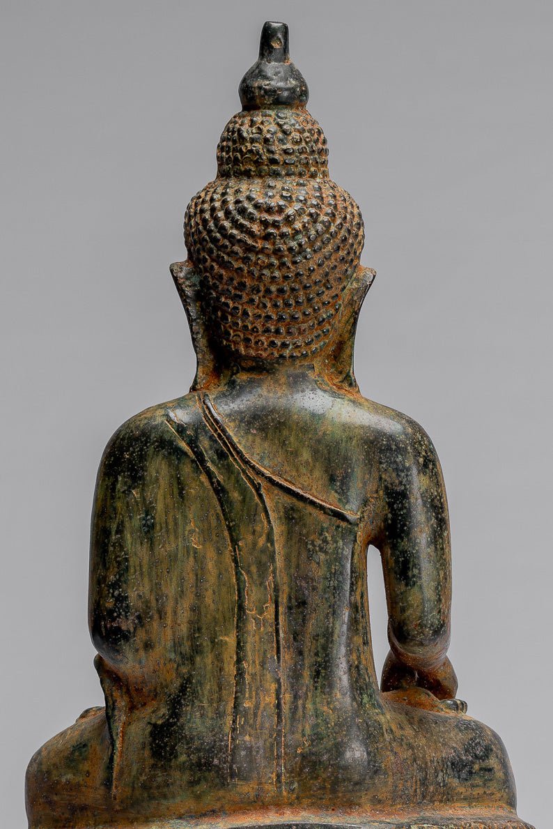 Buddha-Statue – sitzender javanischer Erleuchtungs-Buddha aus Bronze im antiken indonesischen Stil – 35 cm
