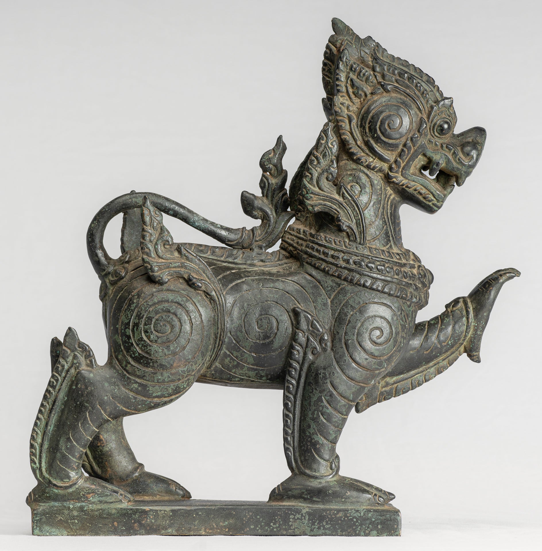 Antique Burmese Style Bronze Standing Chinthe Guardian Temple Lion - 36cm/14"