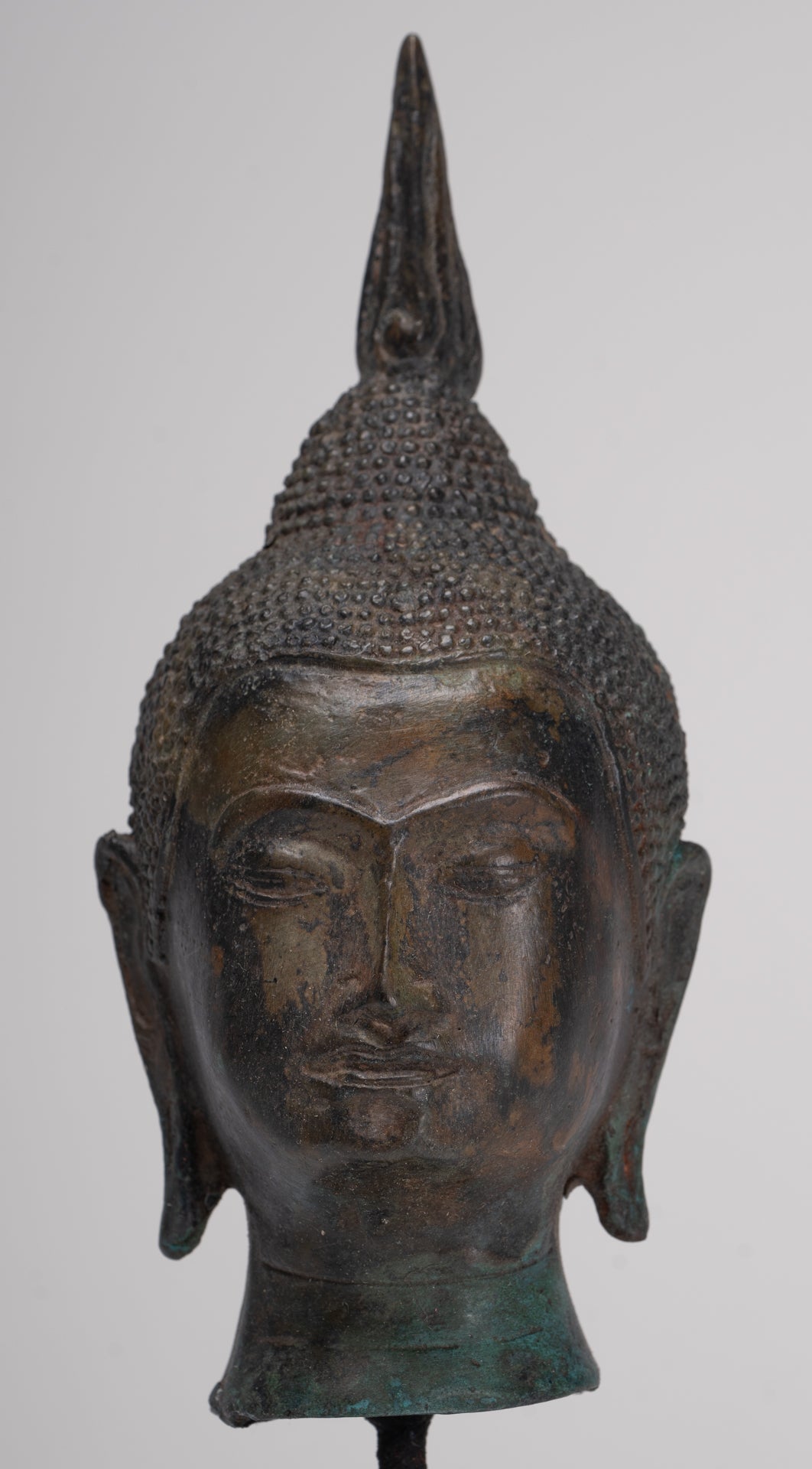 Buddha Head - Antique Thai Style Sukhothai Mounted Bronze Buddha Head - 22.5cm/9"