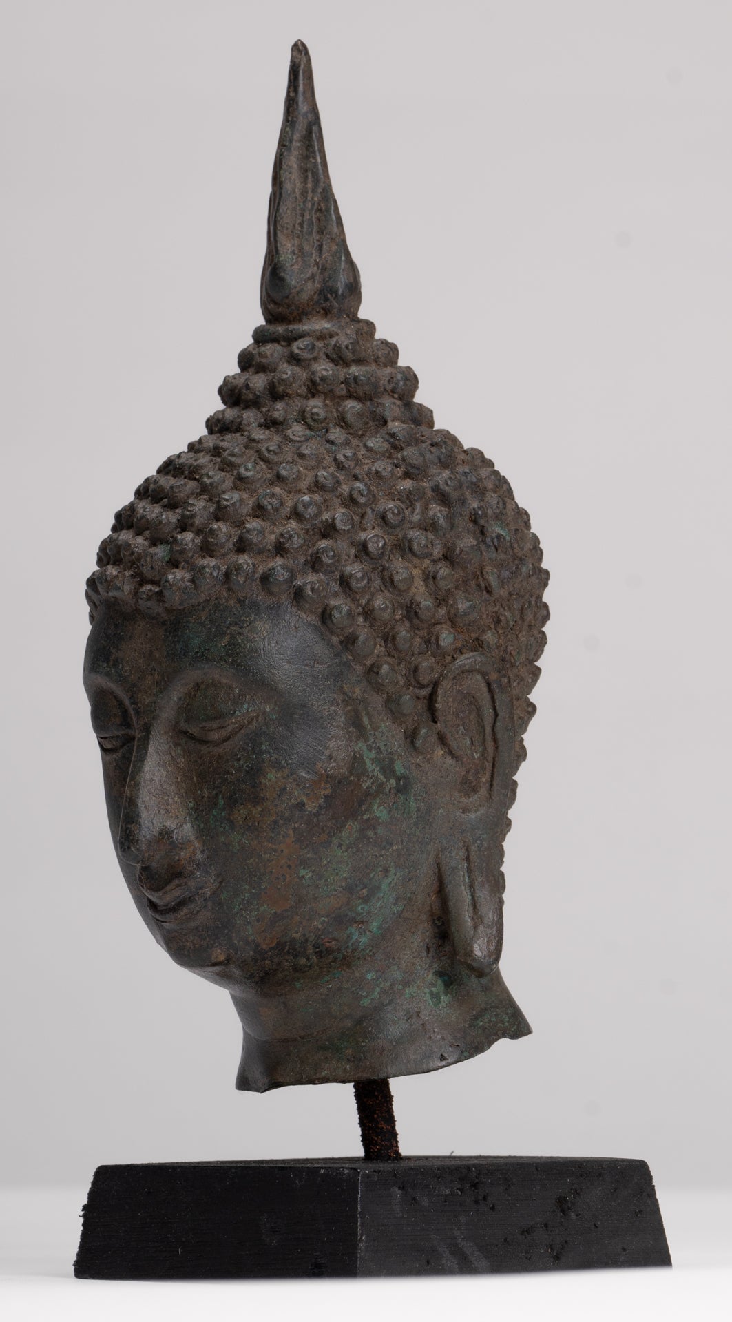 Buddha Head - Antique Thai Style Sukhothai Mounted Bronze Buddha Head - 22cm/9"