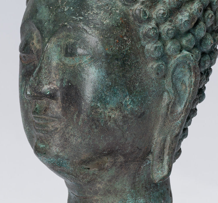 Buddha Head - Antique Thai Style Chiang Saen Mounted Bronze Buddha Head - 18cm/7"