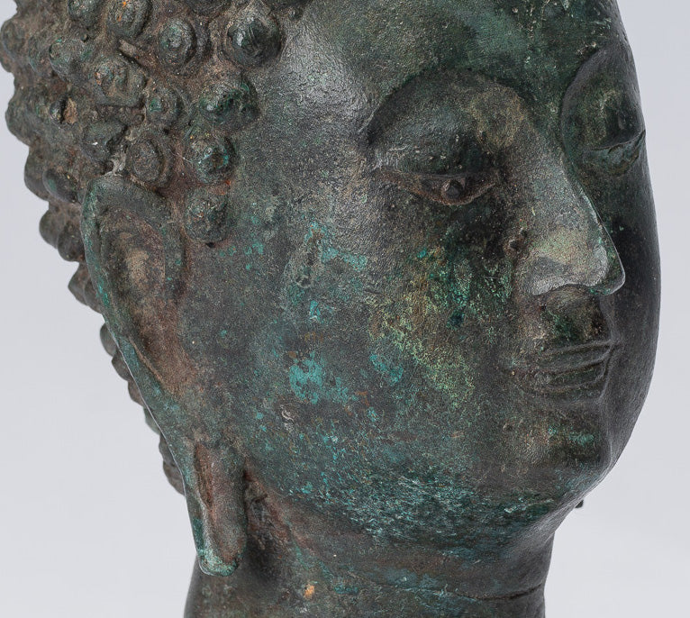Buddha Head - Antique Thai Style Chiang Saen Mounted Bronze Buddha Head - 18cm/7"