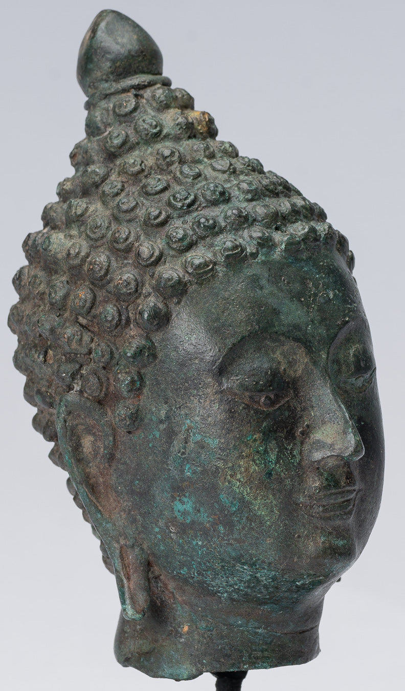 Buddha Head - Antique Thai Style Chiang Saen Mounted Bronze Buddha Head - 18cm/7"