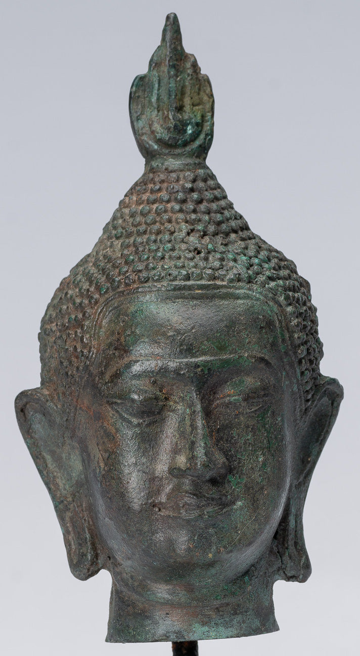 Buddha-Kopf – Bronze-Buddha-Kopf im antiken Thai-Stil, Sukhothai montiert – 17 cm.