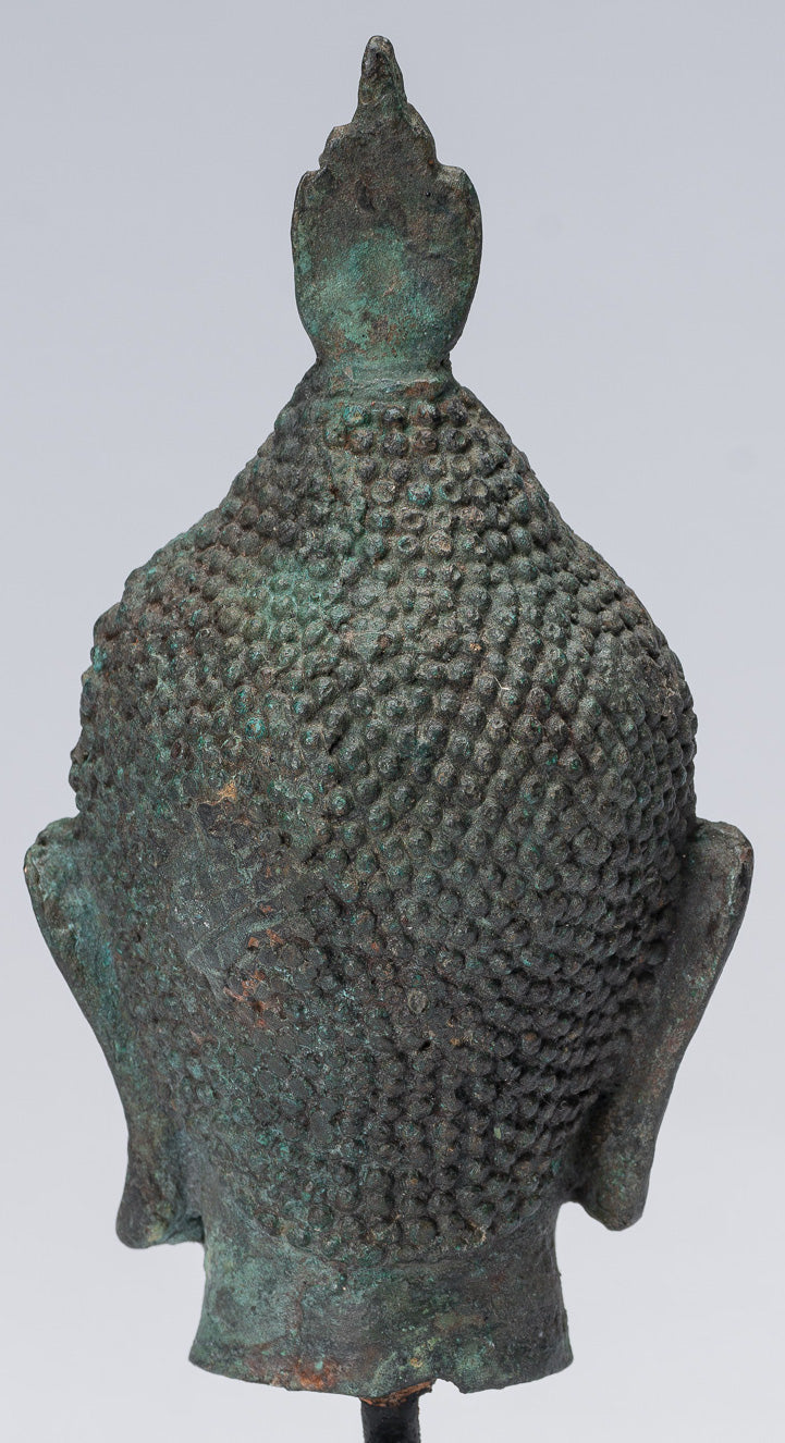 Buddha-Kopf – Bronze-Buddha-Kopf im antiken Thai-Stil, Sukhothai montiert – 17 cm.