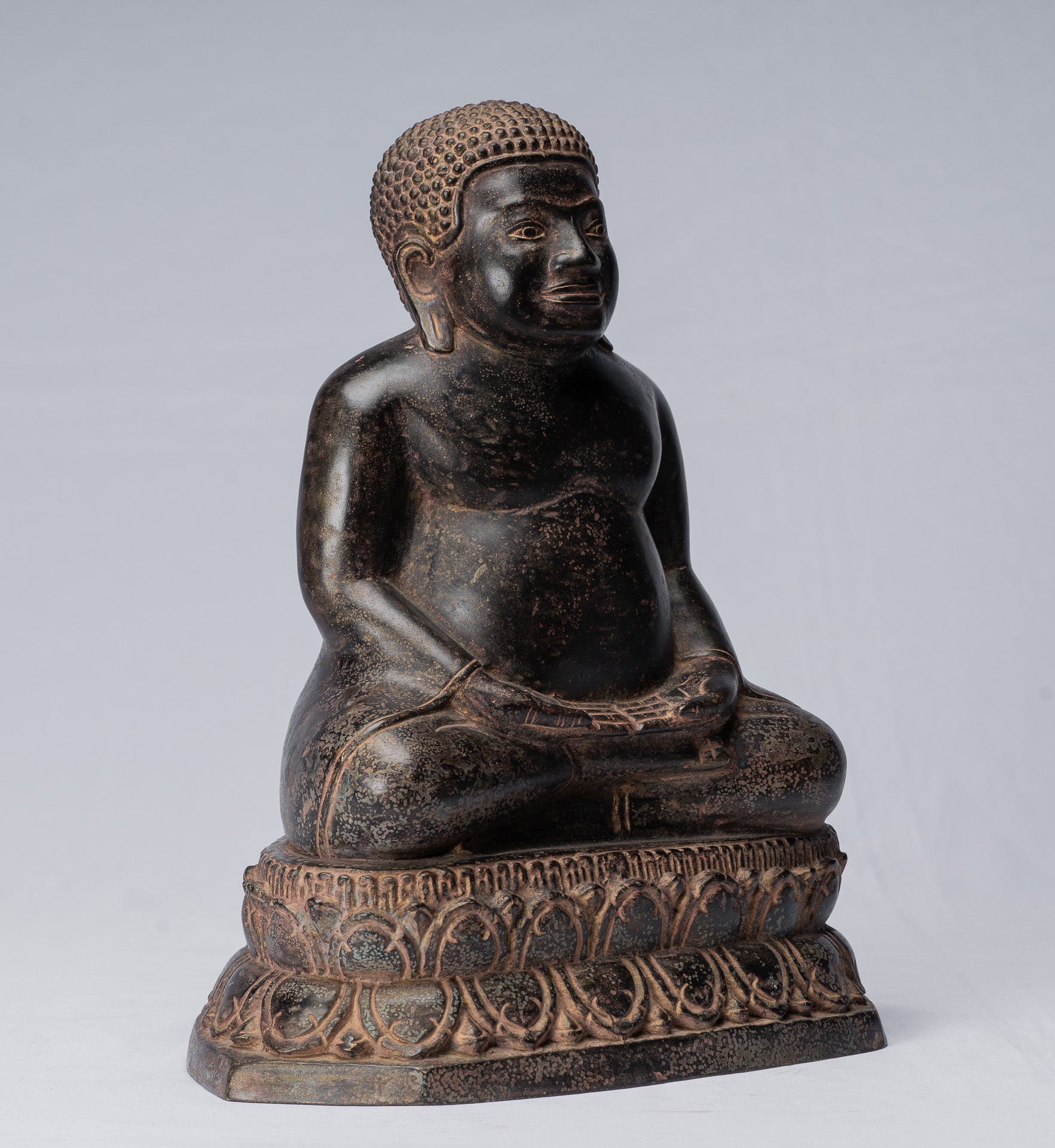 Buddha Statue - Antique Thai Style Bronze Happy, Fat, Laughing Buddha Budai Statue - 31cm/12"