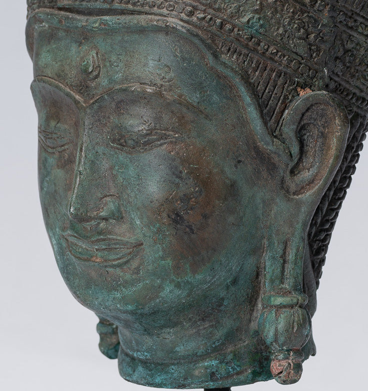 Testa di Buddha - Antique Thai Thai Style Lopburi Bronzo Montaggio Buddha Head - 25 cm/10 "