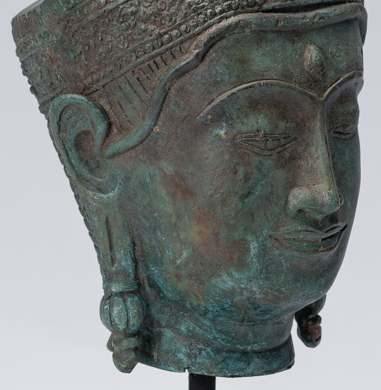 Testa di Buddha - Antique Thai Thai Style Lopburi Bronzo Montaggio Buddha Head - 25 cm/10 "