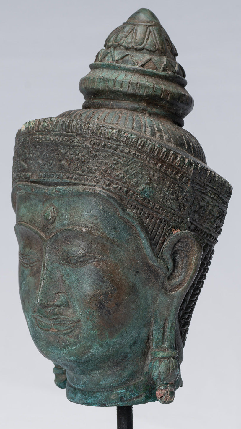 Testa di Buddha - Antique Thai Thai Style Lopburi Bronzo Montaggio Buddha Head - 25 cm/10 "