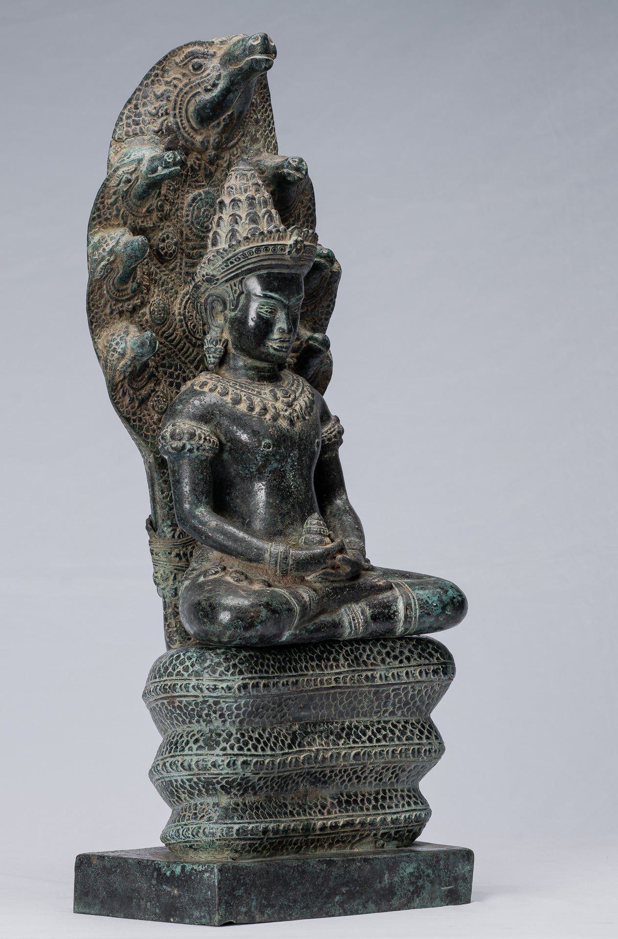 Buddha Statue - Antique Bayon Style Khmer Seated Bronze Naga Meditation Buddha - 57cm/23"