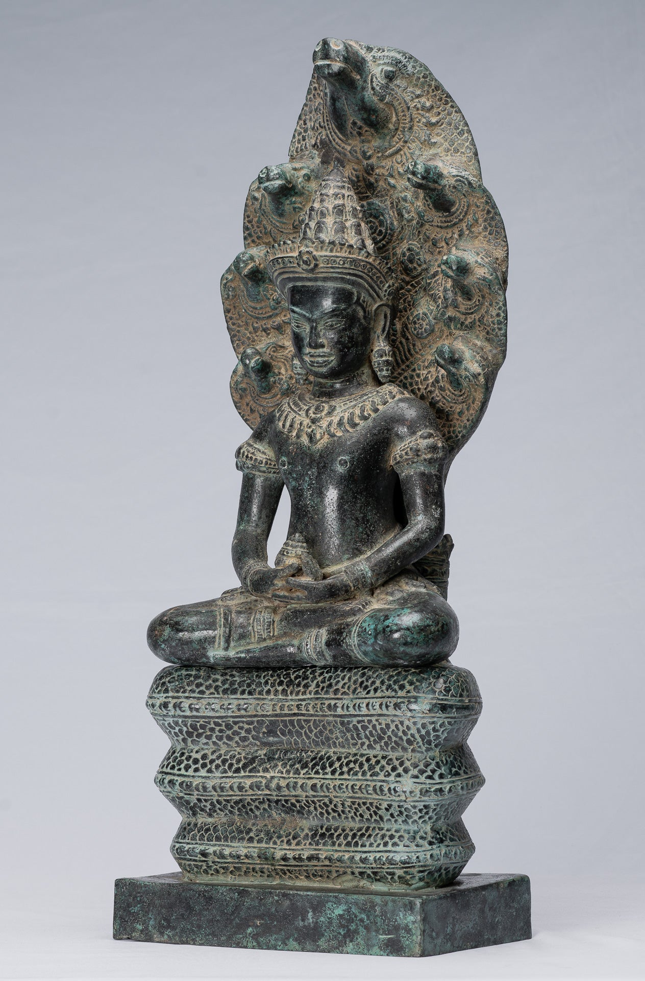 Buddha Statue - Antique Bayon Style Khmer Seated Bronze Naga Meditation Buddha - 57cm/23"