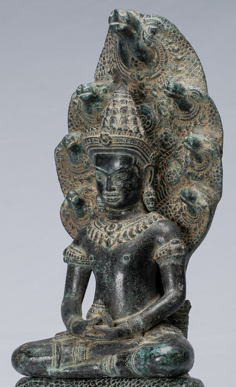 Buddha Statue - Antique Bayon Style Khmer Seated Bronze Naga Meditation Buddha - 57cm/23"