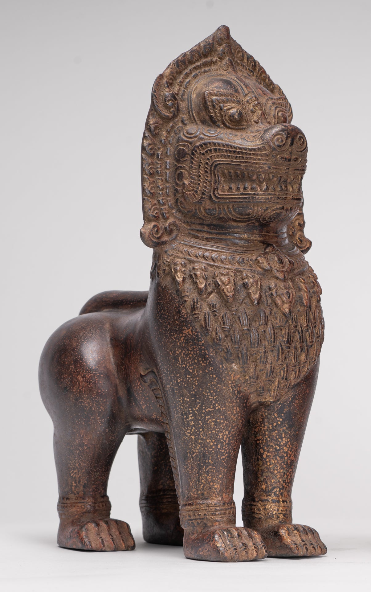 Temple Lions - Antique Khmer Style Bronze Standing Temple Guardian or Lions (Pair) - 27cm/11"