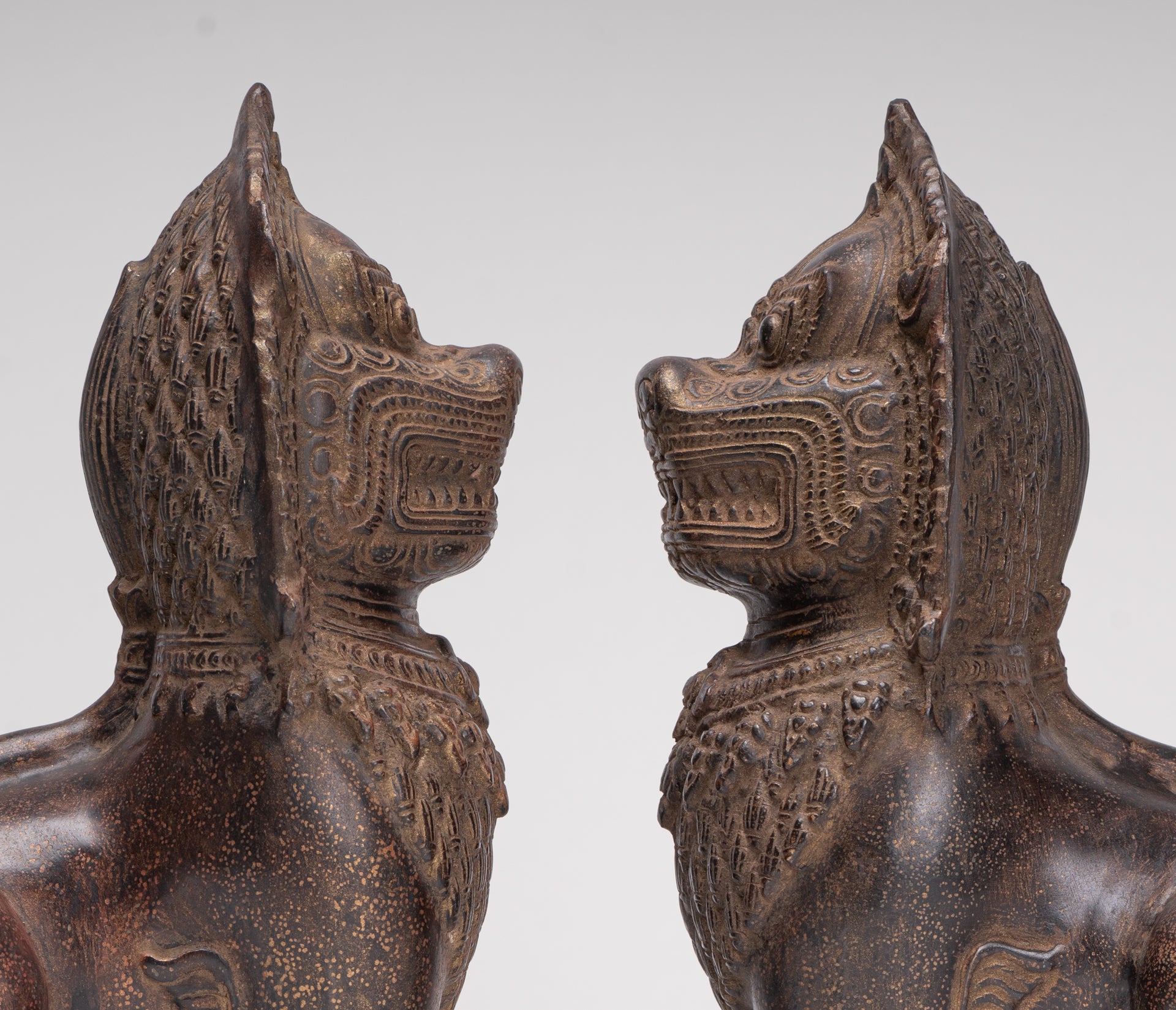 Temple Lions - Antique Khmer Style Bronze Standing Temple Guardian or Lions (Pair) - 27cm/11"