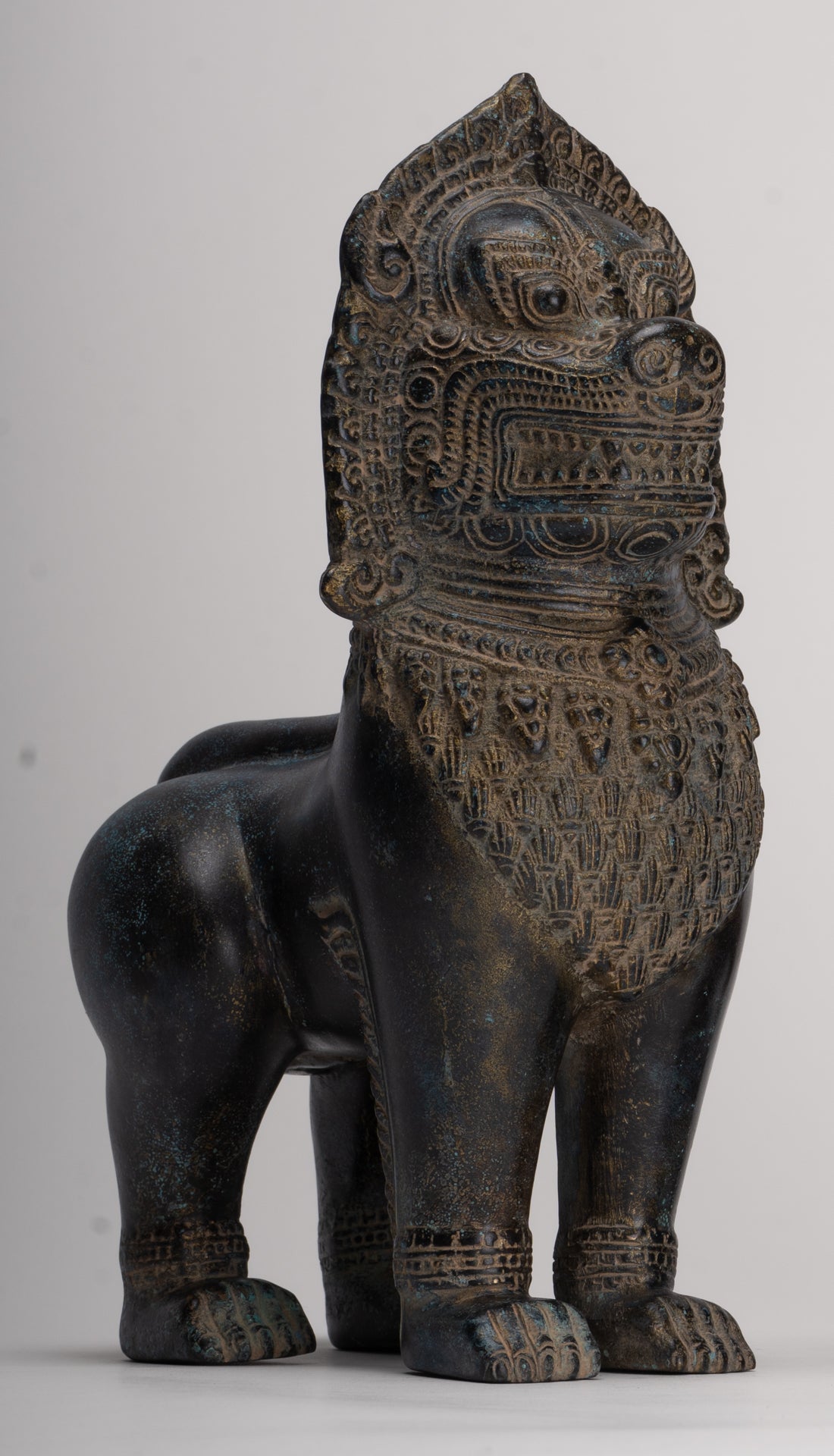 Temple Lions - Antique Khmer Style Bronze Standing Temple Guardian or Lions (Pair) - 27cm/11"
