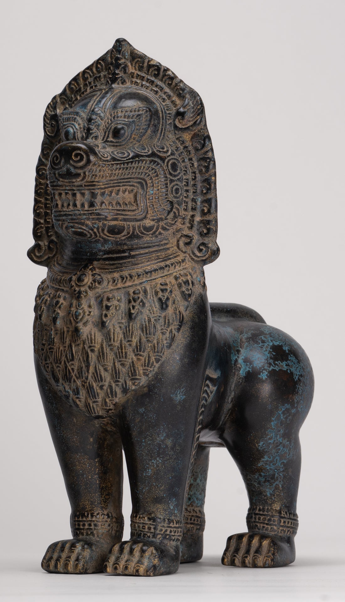 Temple Lions - Antique Khmer Style Bronze Standing Temple Guardian or Lions (Pair) - 27cm/11"