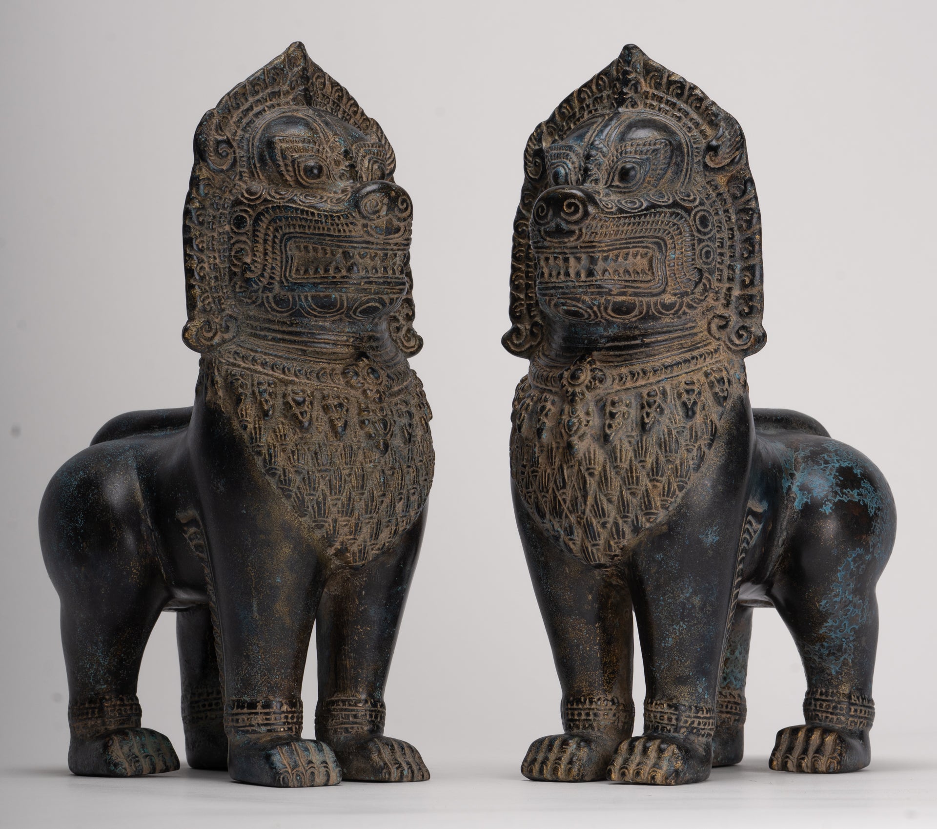 Temple Lions - Antique Khmer Style Bronze Standing Temple Guardian or Lions (Pair) - 27cm/11"