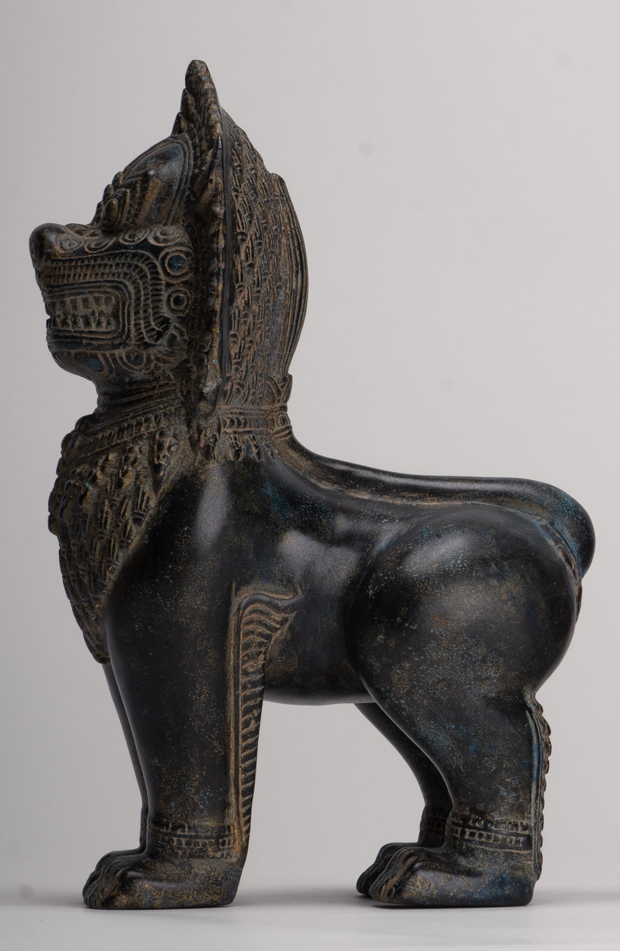 Temple Lions - Antique Khmer Style Bronze Standing Temple Guardian or Lions (Pair) - 27cm/11"