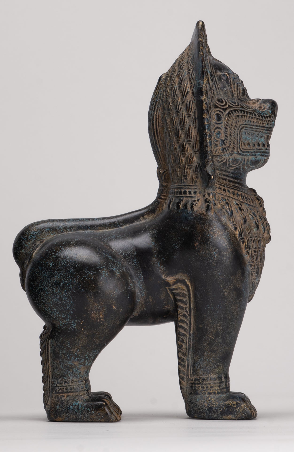 Temple Lions - Antique Khmer Style Bronze Standing Temple Guardian or Lions (Pair) - 27cm/11"