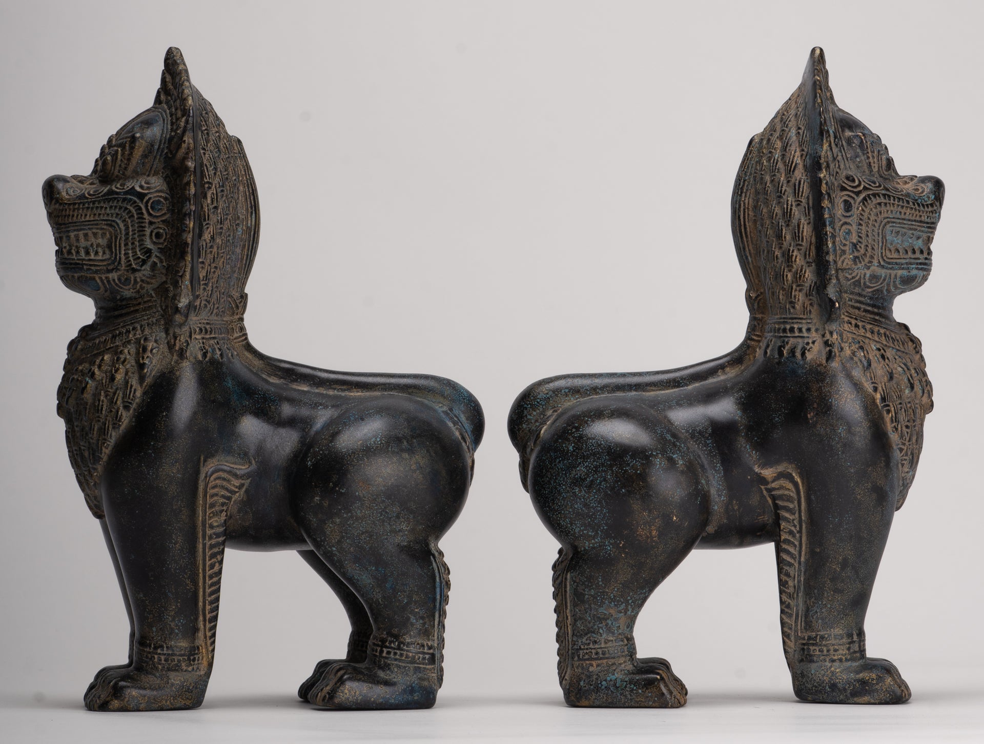 Temple Lions - Antique Khmer Style Bronze Standing Temple Guardian or Lions (Pair) - 27cm/11"