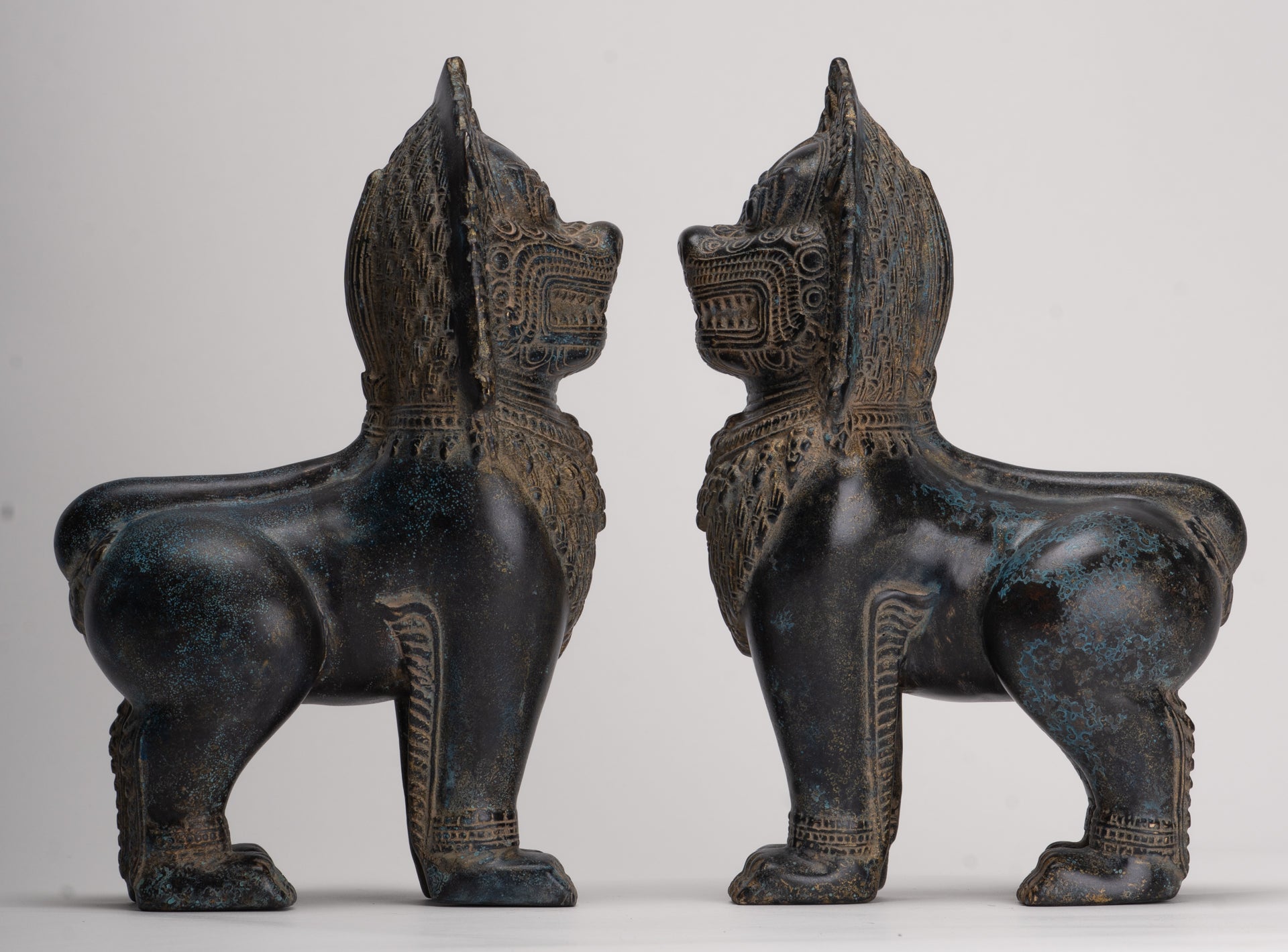 Temple Lions - Antique Khmer Style Bronze Standing Temple Guardian or Lions (Pair) - 27cm/11"