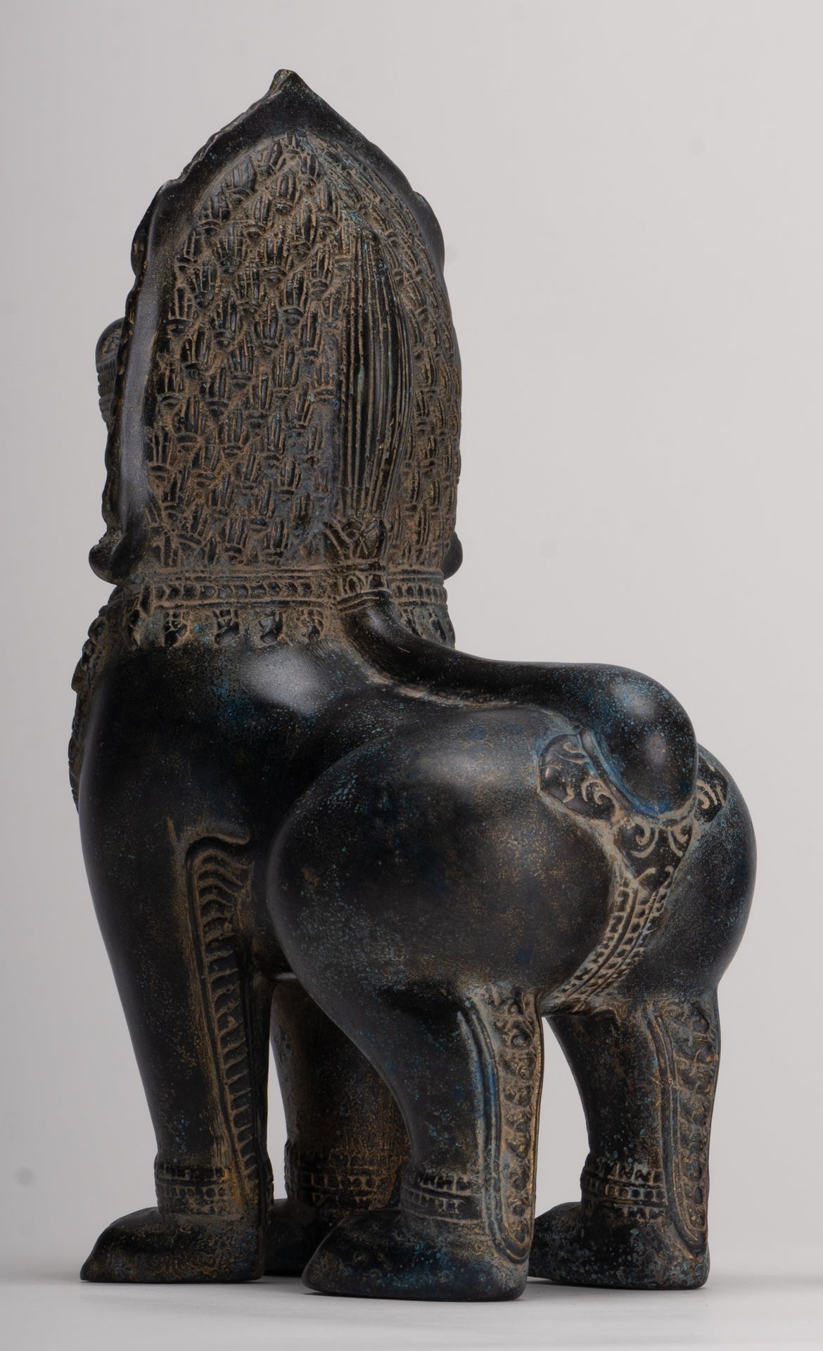 Temple Lions - Antique Khmer Style Bronze Standing Temple Guardian or Lions (Pair) - 27cm/11"