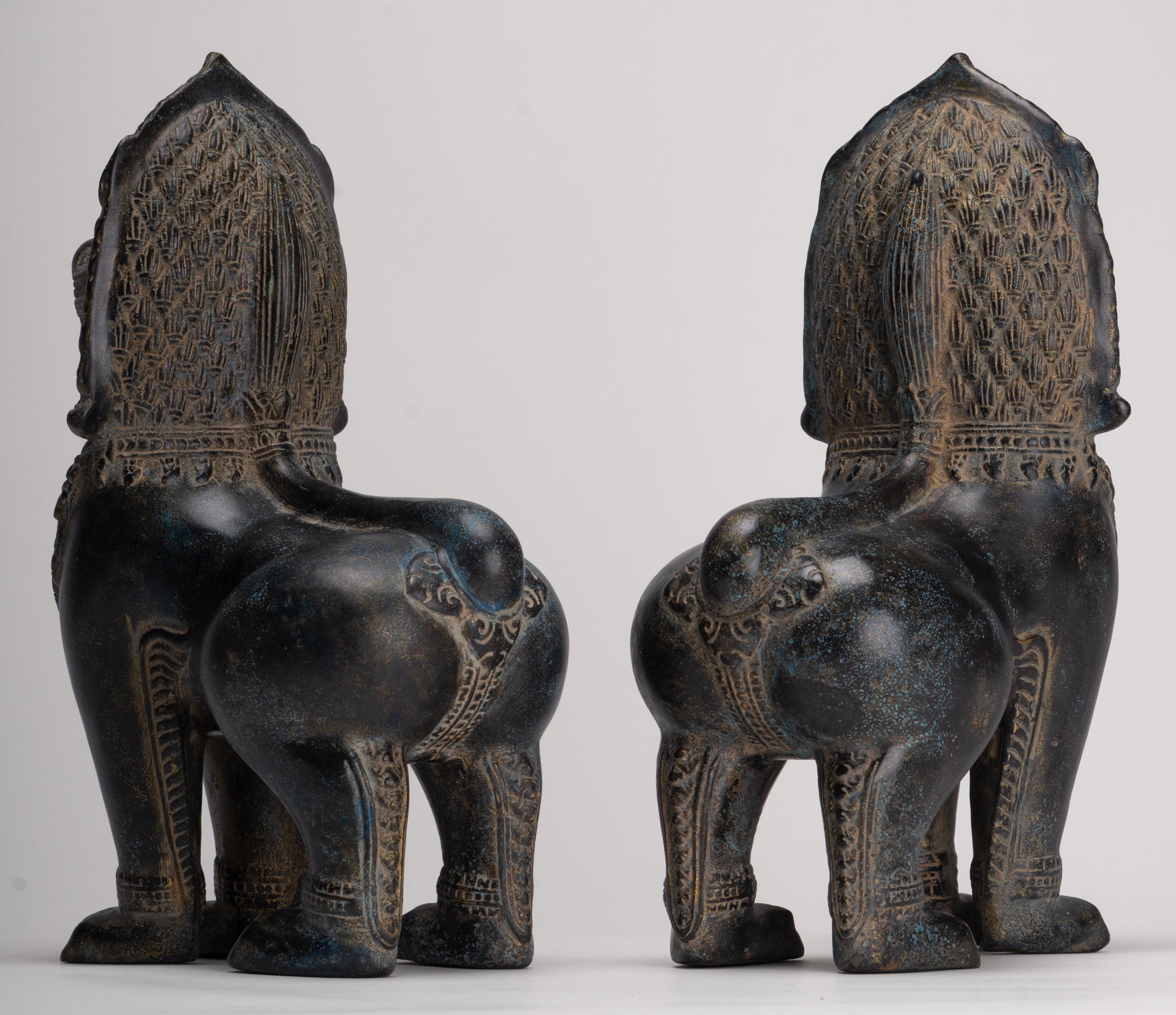 Temple Lions - Antique Khmer Style Bronze Standing Temple Guardian or Lions (Pair) - 27cm/11"