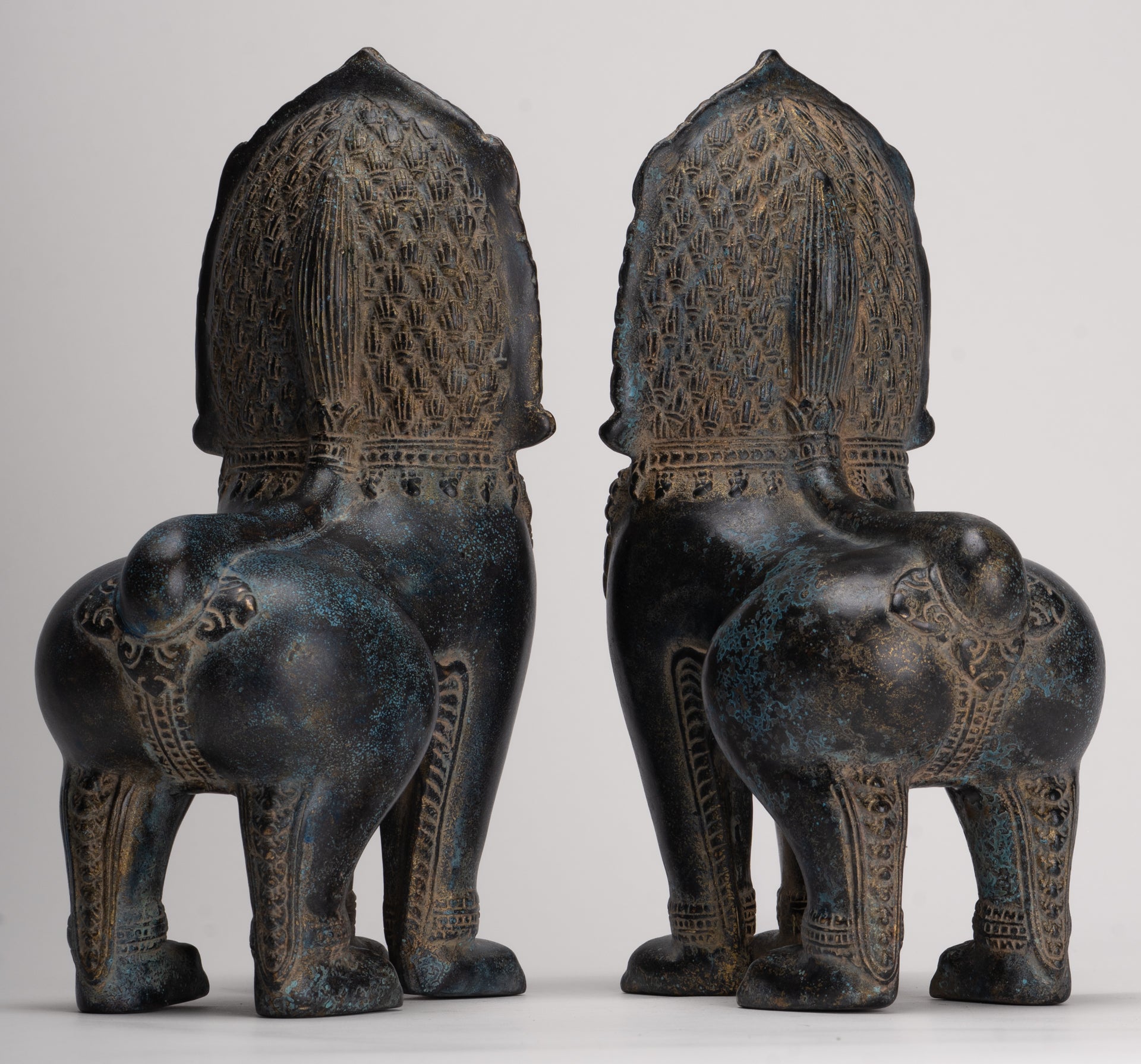 Temple Lions - Antique Khmer Style Bronze Standing Temple Guardian or Lions (Pair) - 27cm/11"