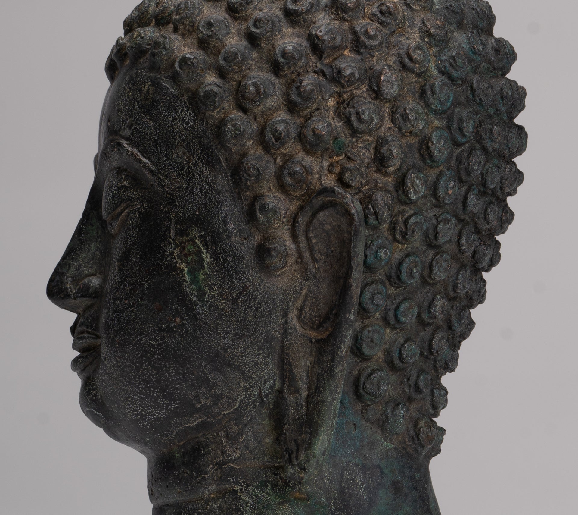 Buddha Head - Antique Thai Style Chiang Saen Mounted Bronze Buddha Head - 24cm/10"