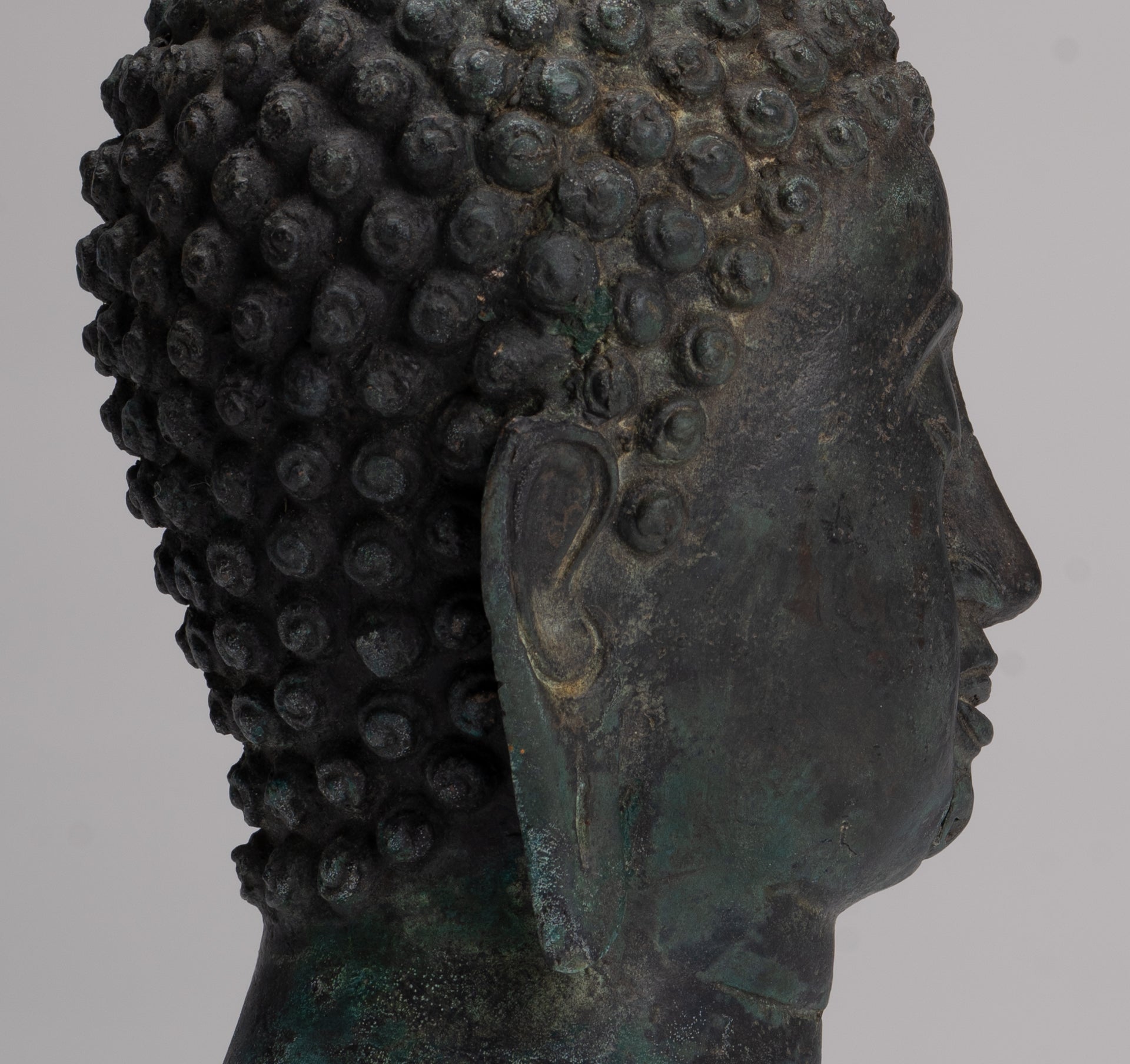 Buddha Head - Antique Thai Style Chiang Saen Mounted Bronze Buddha Head - 24cm/10"