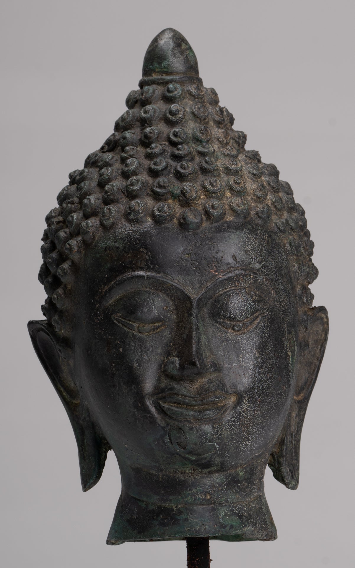 Buddha Head - Antique Thai Style Chiang Saen Mounted Bronze Buddha Head - 24cm/10"