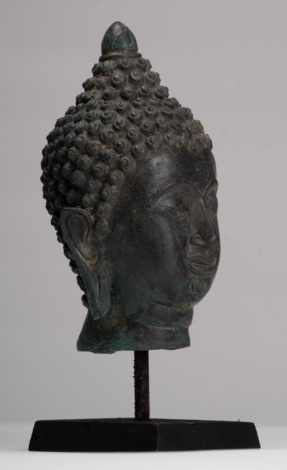 Buddha Head - Antique Thai Style Chiang Saen Mounted Bronze Buddha Head - 24cm/10"