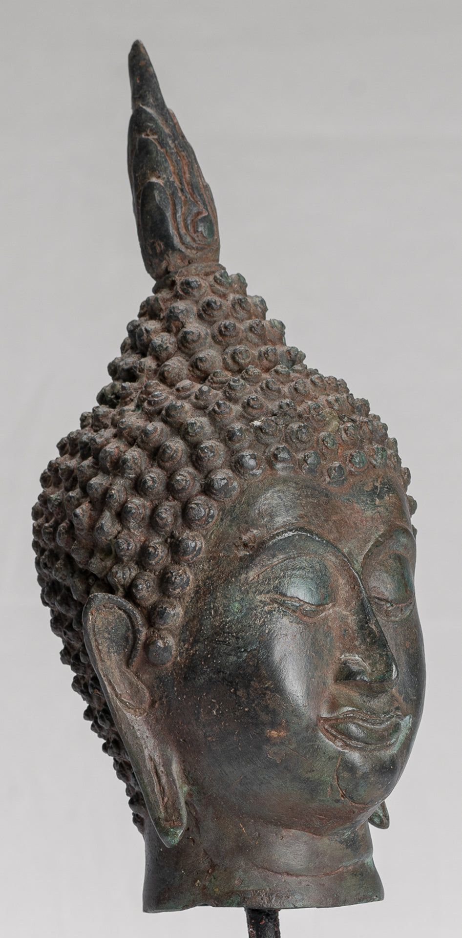 Buddha Head - Antique Thai Style Sukhothai Mounted Bronze Buddha Head - 29cm/12"