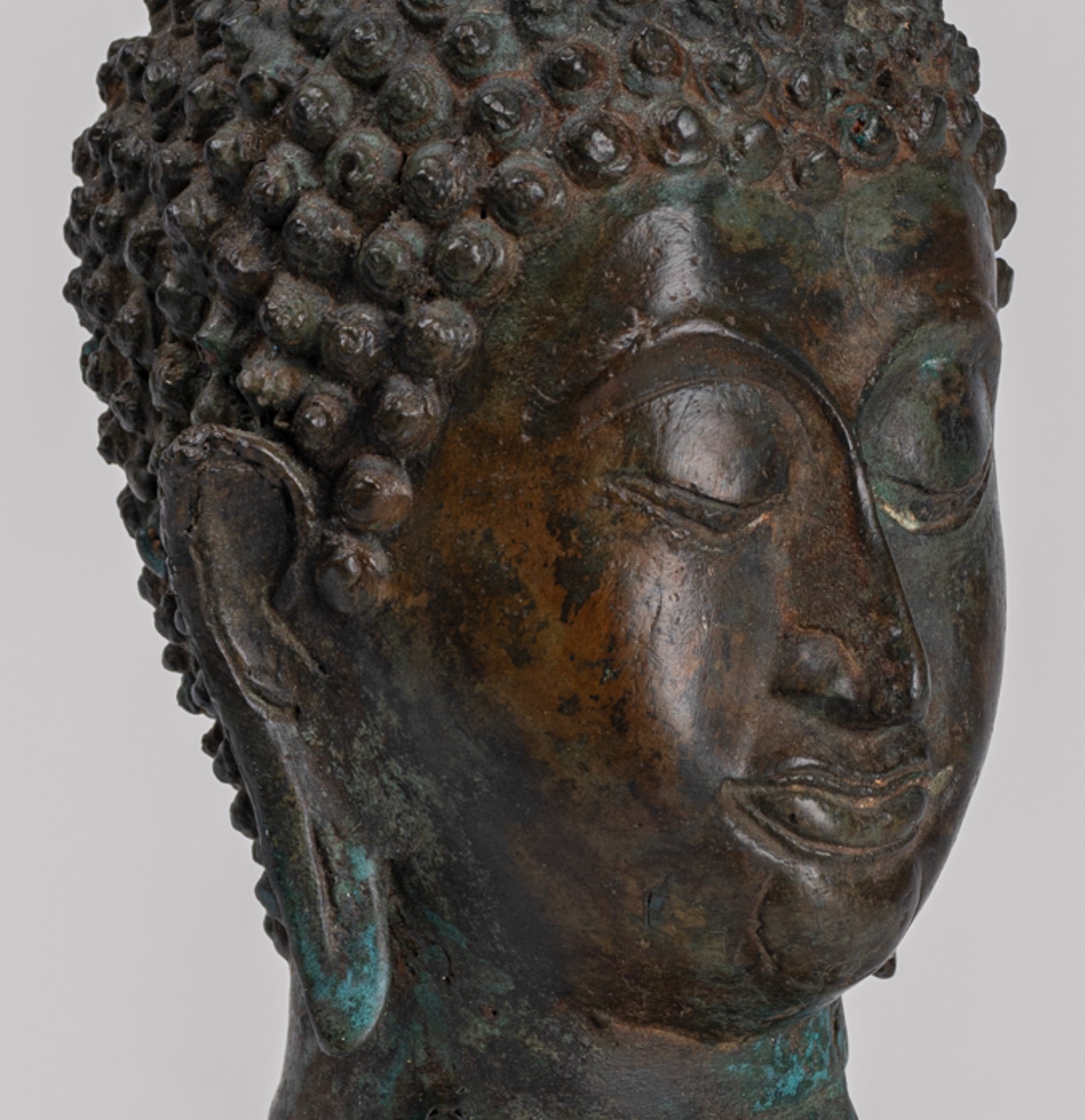 Antique Thai Style Sukhothai Mounted Bronze Buddha Head - 29cm/12"
