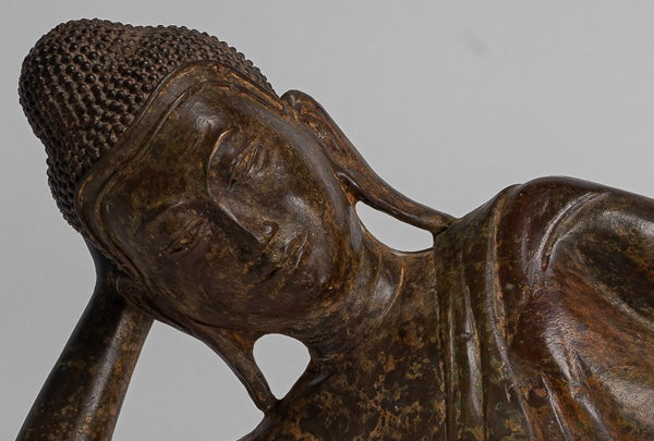 Buddha Statue - Antique Thai Style Bronze Sukhothai Reclining Nirvana Buddha Statue - 106cm/42"