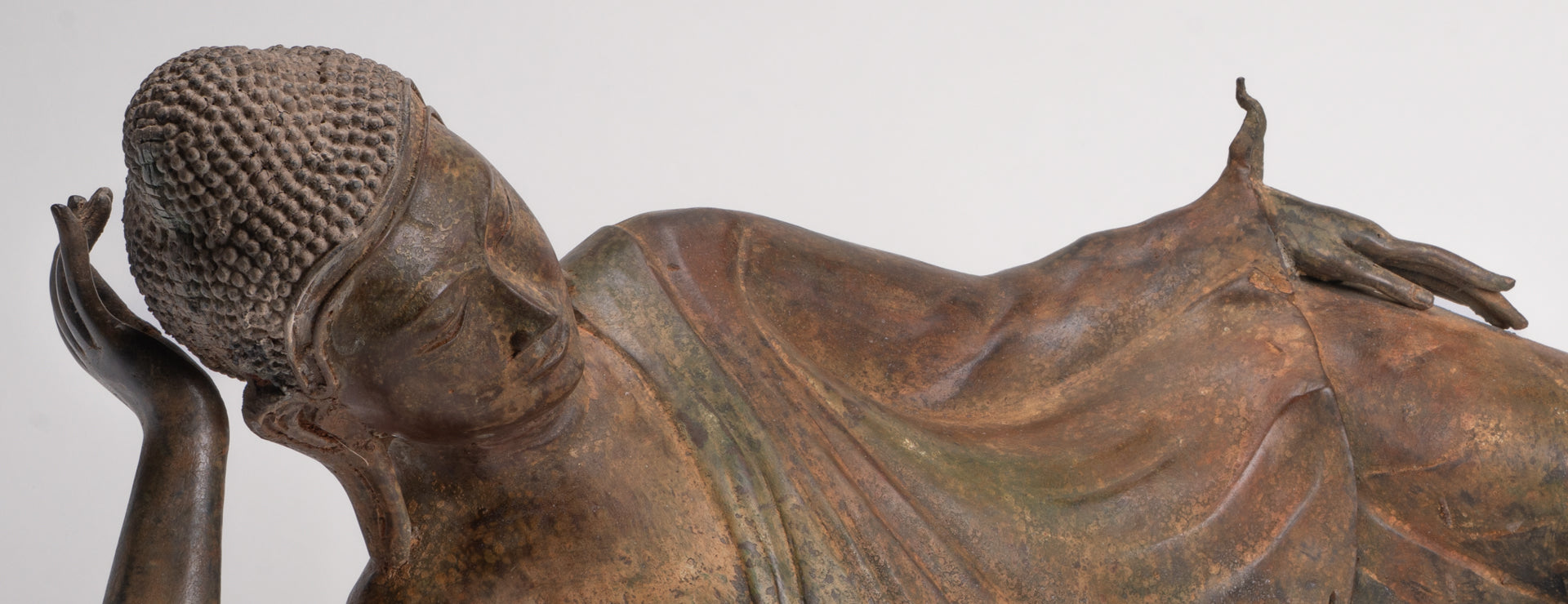 Antique Thai Style Bronze Sukhothai Reclining Nirvana Buddha Statue - 107cm/43"