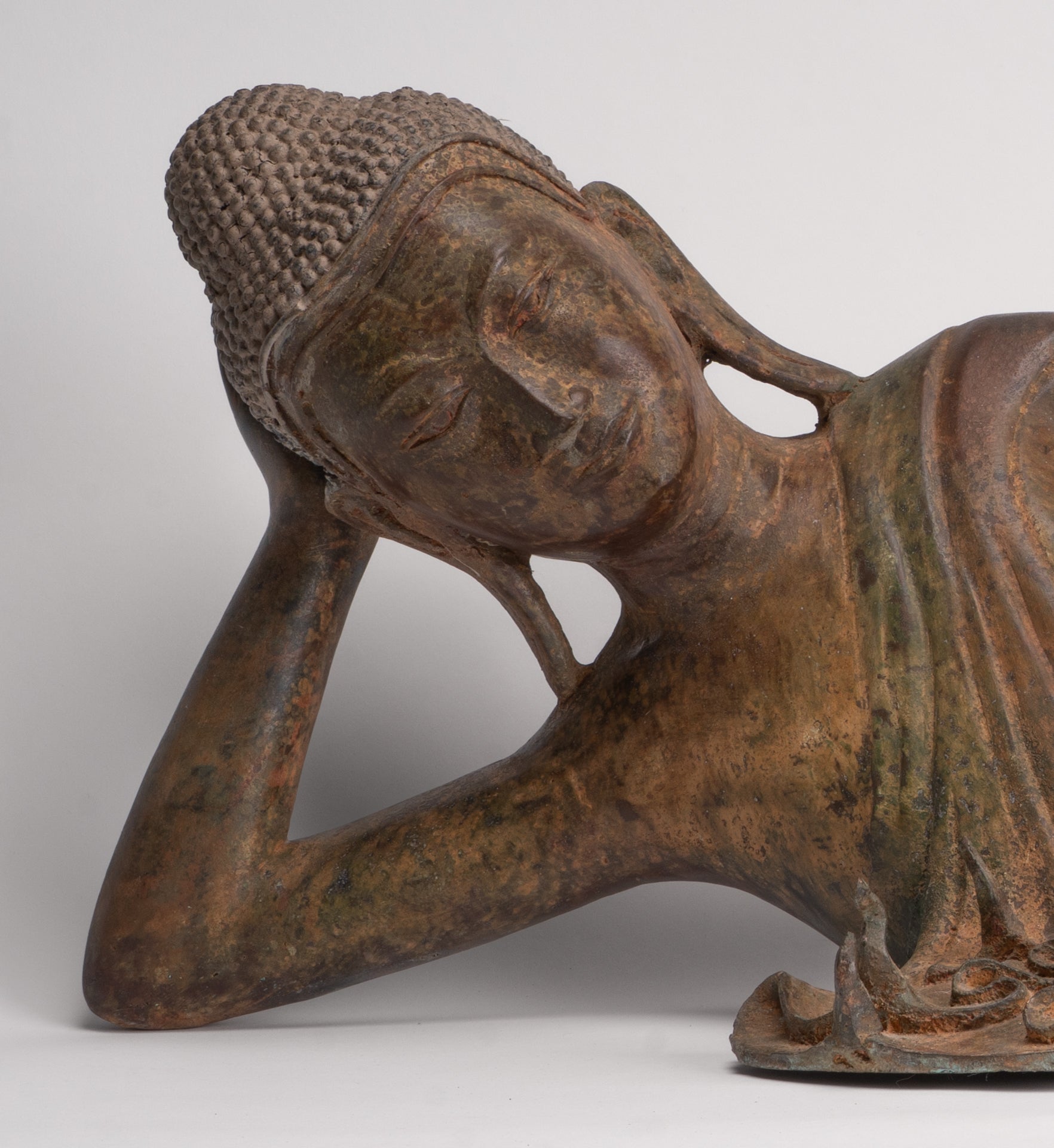 Antique Thai Style Bronze Sukhothai Reclining Nirvana Buddha Statue - 107cm/43"