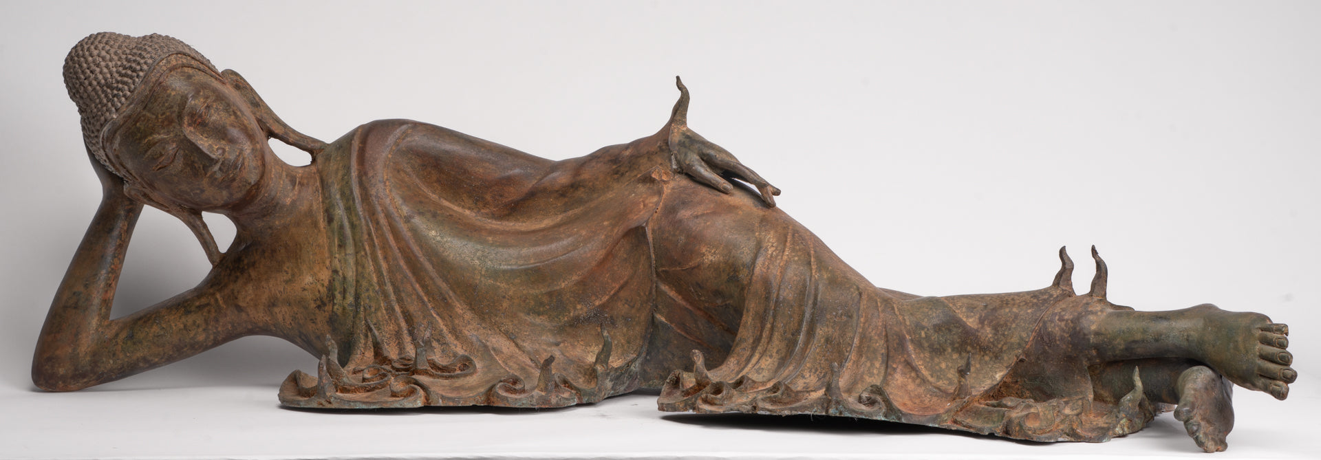 Antique Thai Style Bronze Sukhothai Reclining Nirvana Buddha Statue - 107cm/43"