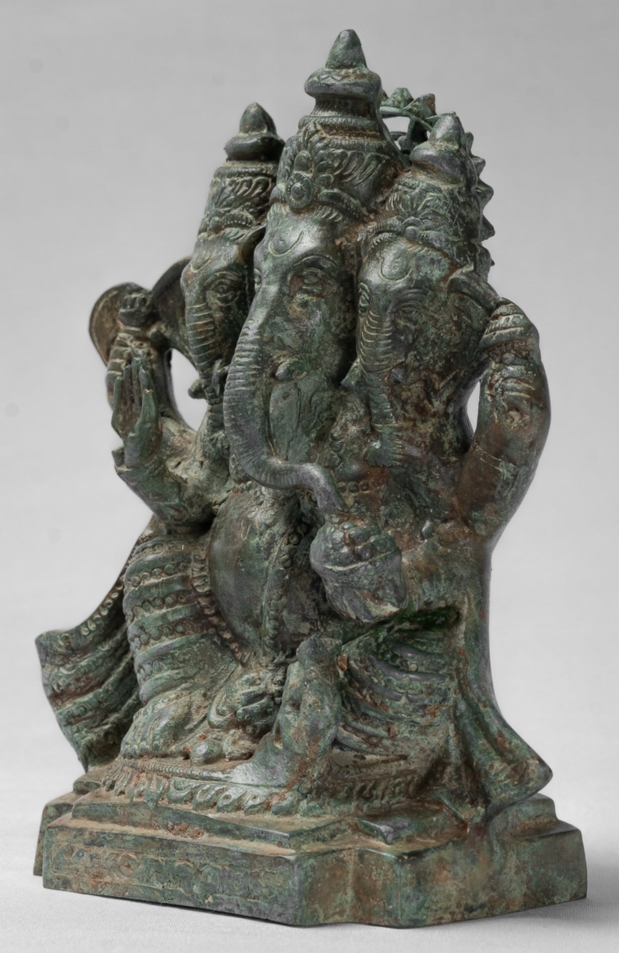 Antique Thai Style Bronze Tri Muhkthi Ganapathi Three Headed Ganesha Statue - 21cm/8"