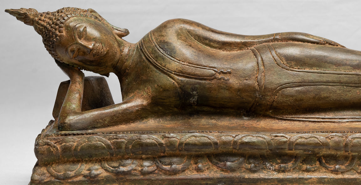 Buddha Statue - Antique Thai Style Bronze Sukhothai Reclining Nirvana Buddha Statue - 55cm/22"